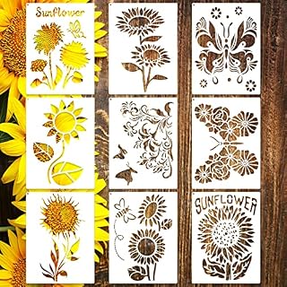 9PCS Sunflower Butterflies Stencils, Reusable PET Sun Flower Template, DIY Craft Paint Stencil with Metal Open Ring, for Painting on Wood Canvas Paper Fabric Wall Furniture, 8x11 Inches (Sunflower)