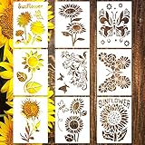 9PCS Sunflower Butterflies Stencils, Reusable PET Sun Flower Template, DIY Craft Paint Stencil with Metal Open Ring, for Painting on Wood Canvas Paper Fabric Wall Furniture, 8x11 Inches (Sunflower)