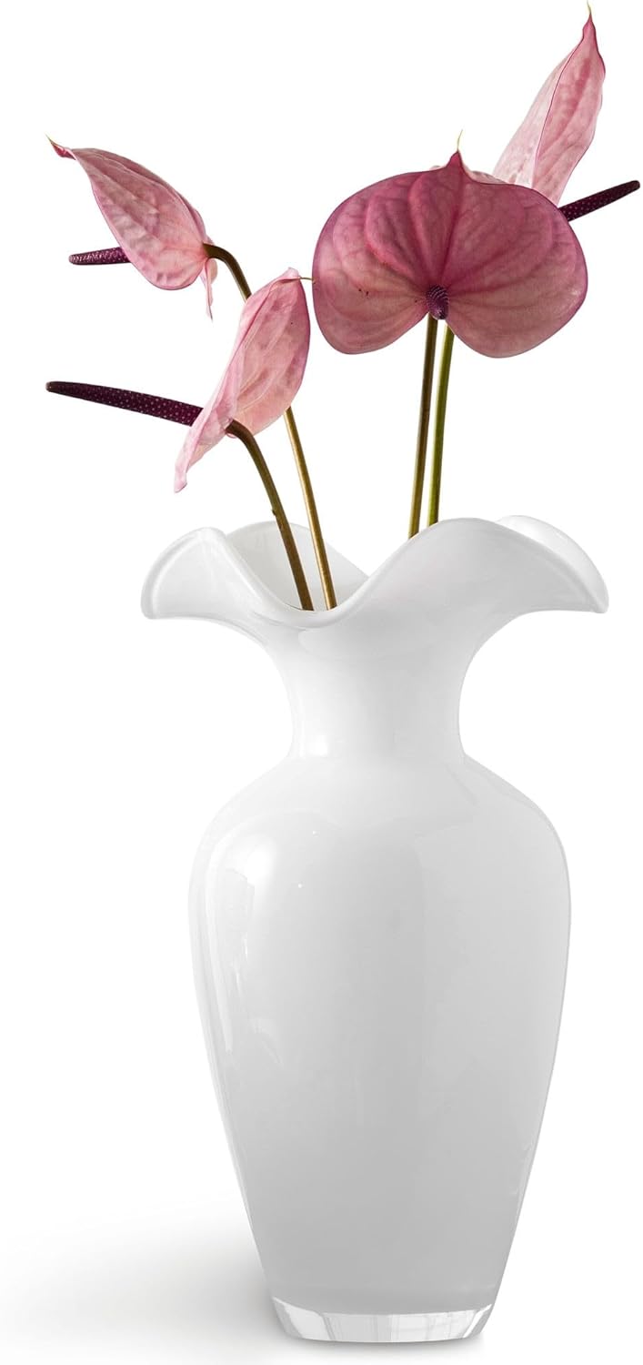 Barski White Glass Vase - Modern, Mirror Finish - 9.75" H x 4.5" W - Dishwasher Safe, European Quality Glass