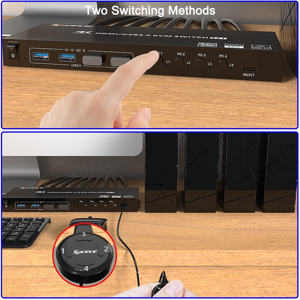 KCEVE KVM HDMI Switch 4 Ports, 4 Computer Switch with EDID Emulator Support 4K @ 60Hz Resolution for 4 PC 1 Monitor Share Mouse Keyboard