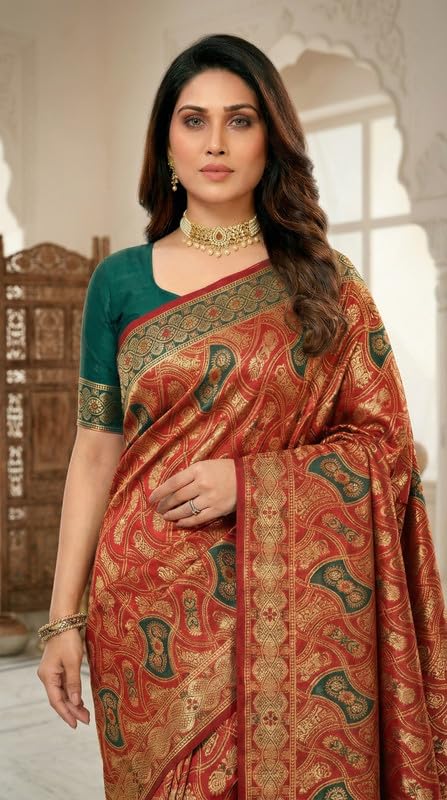 Image of C J Enterprise Women's Pure Soft Silk Saree With Blouse Piece For Wedding (Damru-Patola)