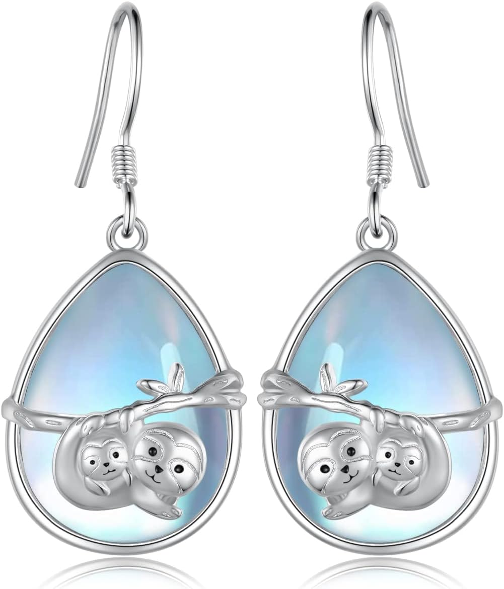 Sloth Earrings 925 Sterling Silver Sloth Dangle Earrings Moonstone Sloth Jewelry Gifts for Women Animal Lovers
