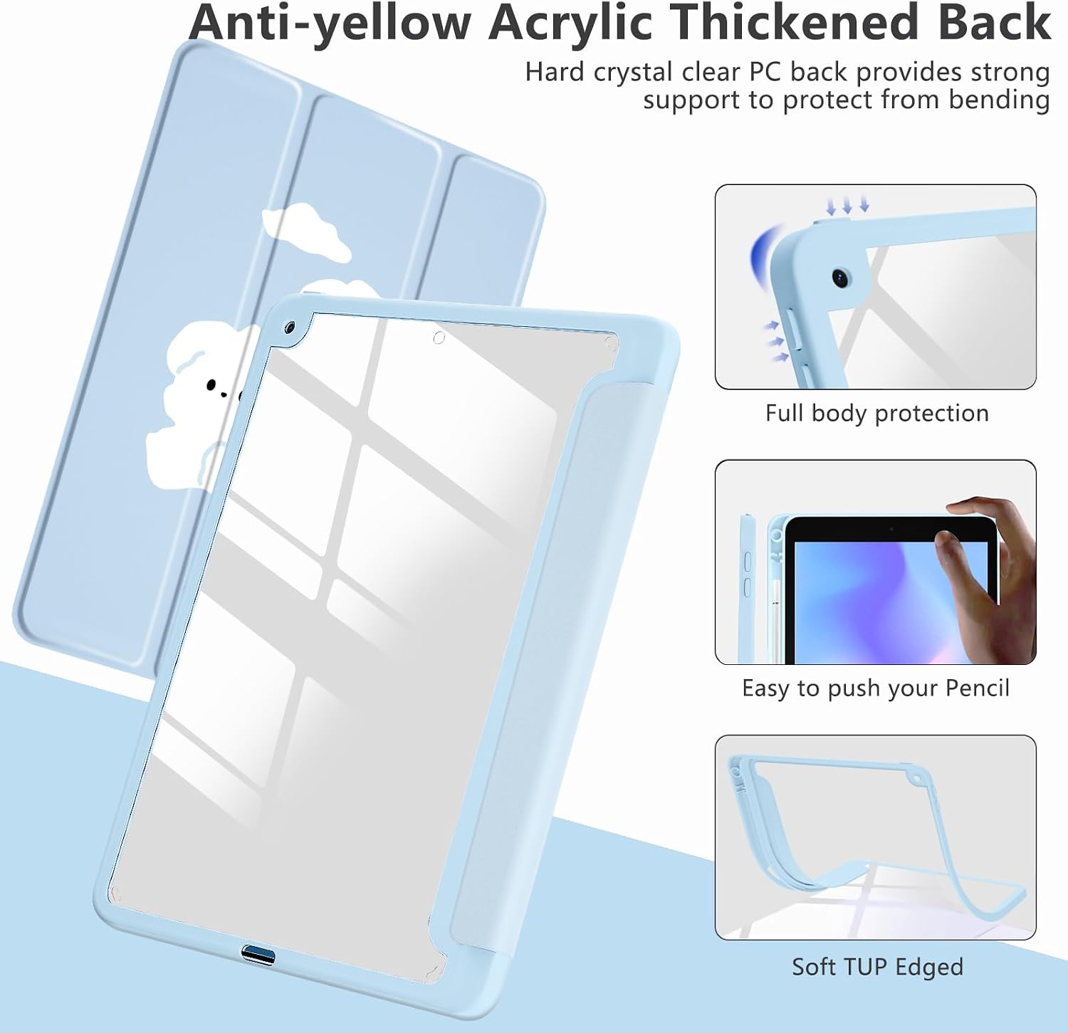 Cute Kawaii Dog foriPad Pro 11 Inch Case 2024 with Pencil Holder, Foldable Blue Leather Cover Case, Support Auto Sleep Wake image 4