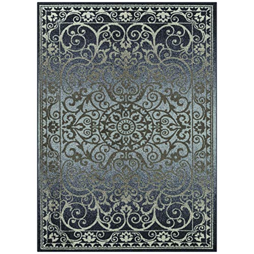 Maples Rugs Pelham Vintage Medallion Area Rugs - Made in USA - Low Pile, Non Slip, Pet-Friendly Mat for Bedroom, Office, Living & Dining Room, 5' x 7', Navy/Grey