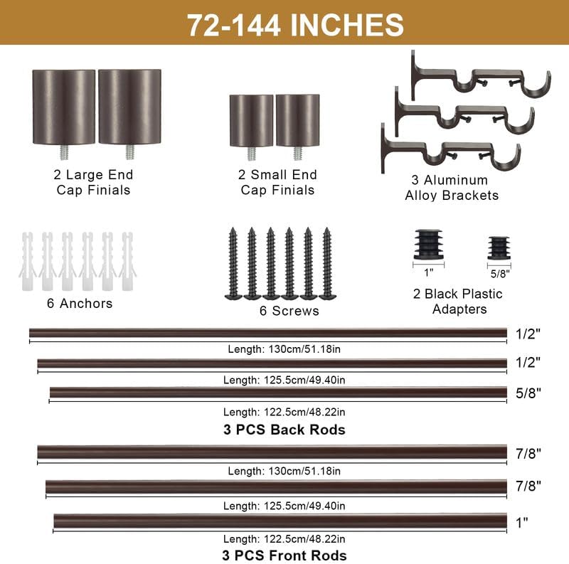 Miniatura 7 de Barras de cortina dobles marrones de 72 a 144 pulgadas, barras decorativas de doble cortina con remates de tapa, barra de cortina doble ajustable