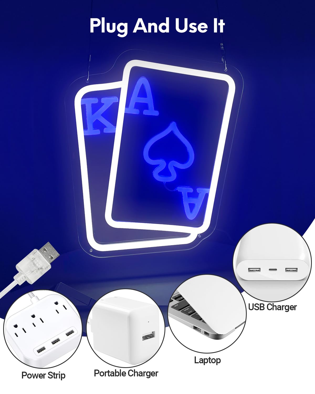 GAME ON Neon Sign for Wall Decor, LED Neon Gamer Sign for Arcade Room, Game Room, Bedroom, Kids, Boyfriend, Gifts Stepless Dimmable: Blue-Poker Medium Size