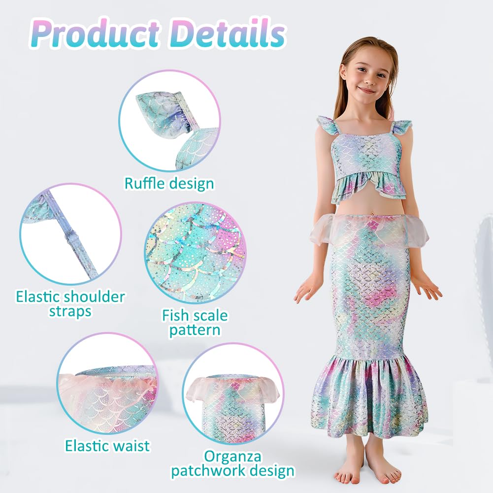 Zestaw bikini dla dziewczynek, 3-częściowy, kostium kąpielowy dla dzieci, tankini z długą spódnicą, strój kąpielowy dla dziewcząt, dzieci, młodzieży