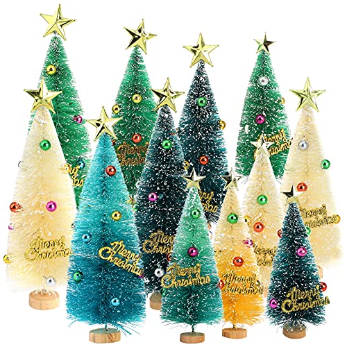 HJHIWE 12 Stück Mini Tisch-Weihnachtsbäume Ornament, Miniatur-Kiefernbäume gefrostet Sisal Bäume mit Stern Baumspitze, Weihnachtsbaum-Set Tischbäume für Weihnachtsdekoration Zuhause DIY Dekor