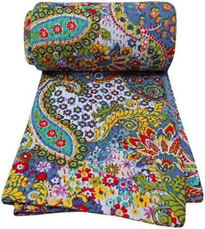 Multicolor New Gudri Twin Size Kantha Stitch Quilt Pure Cotton Bed Spread India 88 X 62