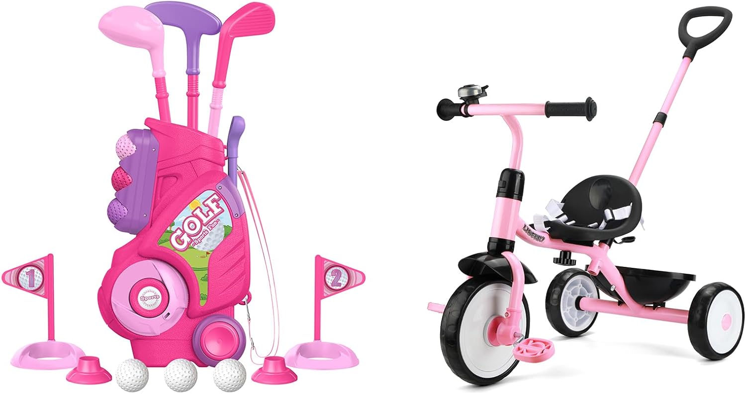 Liberry Toddler Toys for 2 3 4 Years Old Girls Boys Christmas Birthday Gift, Kids Tircycle with Push Handle and Golf Set, Pink