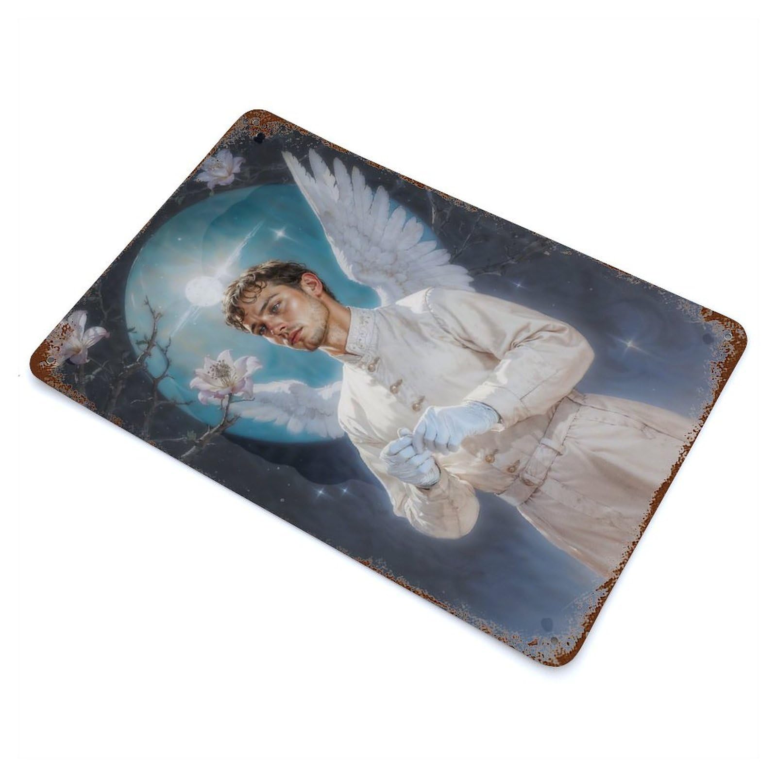 Garage Style Archangel Gabriel in Moonlight Rusty Metal Tin Sign 11.8"x7.9", Farmhouse Wall Decor for Bar And Workshop