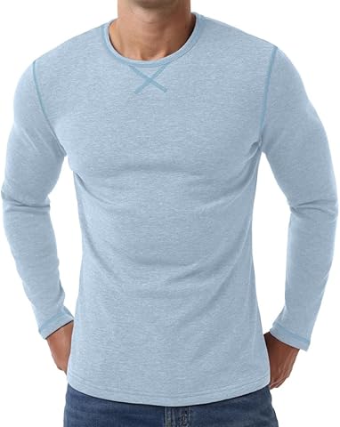 PrinStory Ropa interior térmica para hombre, manga larga, forro polar, cuello redondo, parte superior térmica, capa base térmica