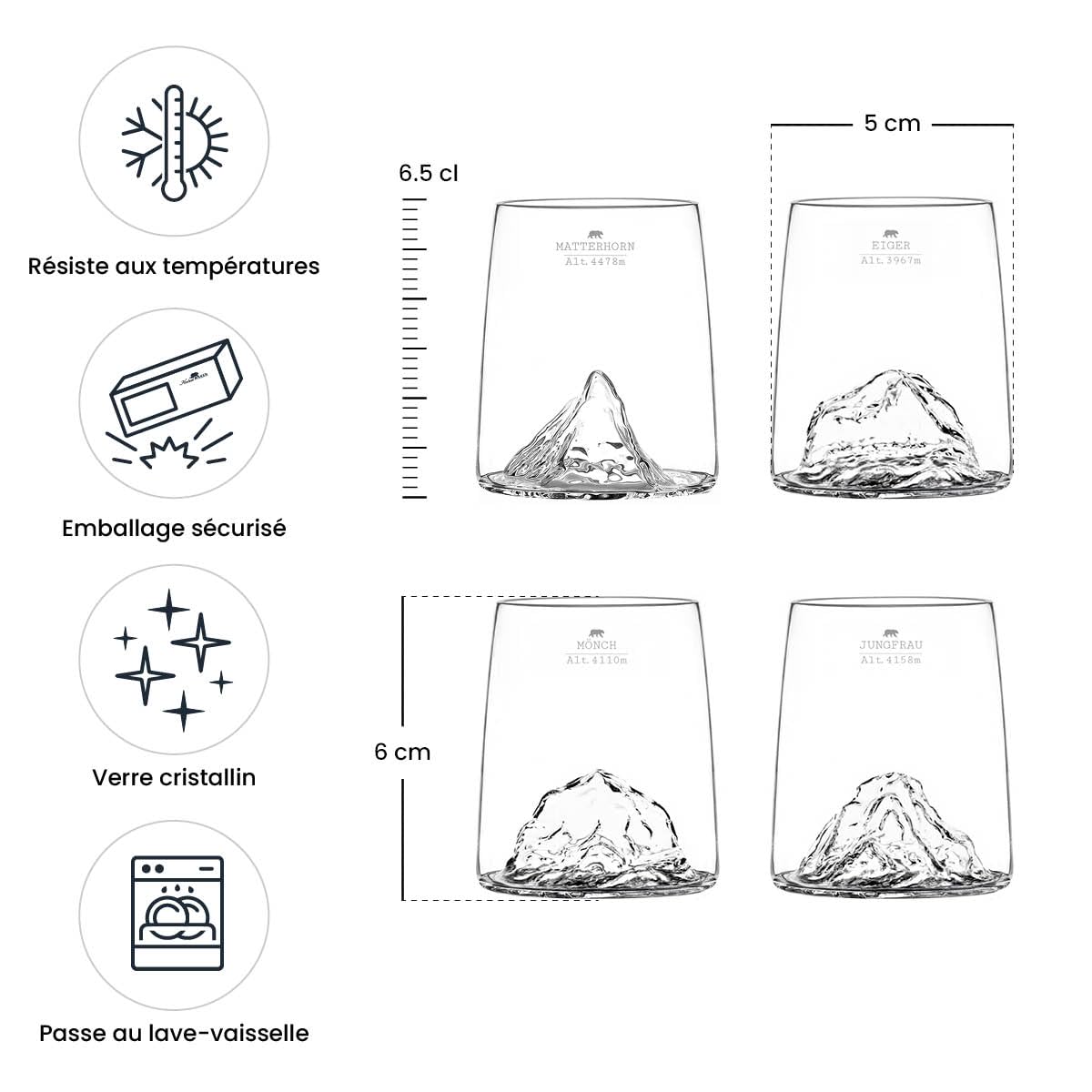 Alaskan MAKER TOPOGRAPHIC - Juego de 4 vasos de chupito de 6,5 cl de cristal de alta calidad soplados artesanalmente con montañas en relieve | Forma de tulipán | TOPOGRAPHIC (Montañas Suizas)