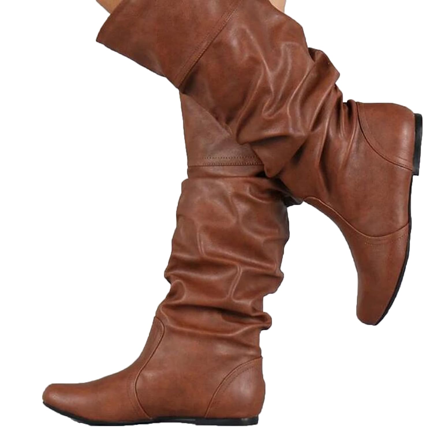 Women Vintage Knee High Boots Winter Fashion Round Toe Pleated Slip on Slouchy Boot Outdoor Comfy Flat Boots
