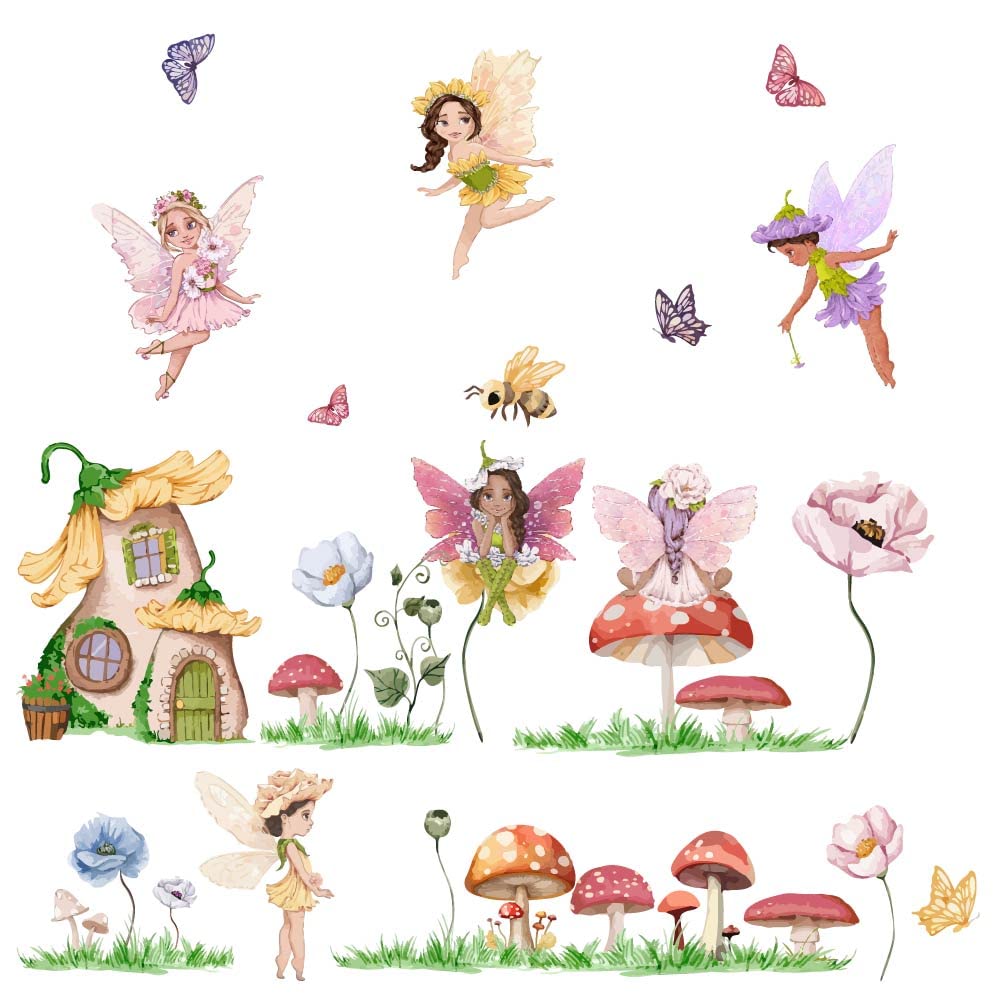 Calcomania de pared de flores de hadas autoadhesiva y lavable para dormitorios de niñas