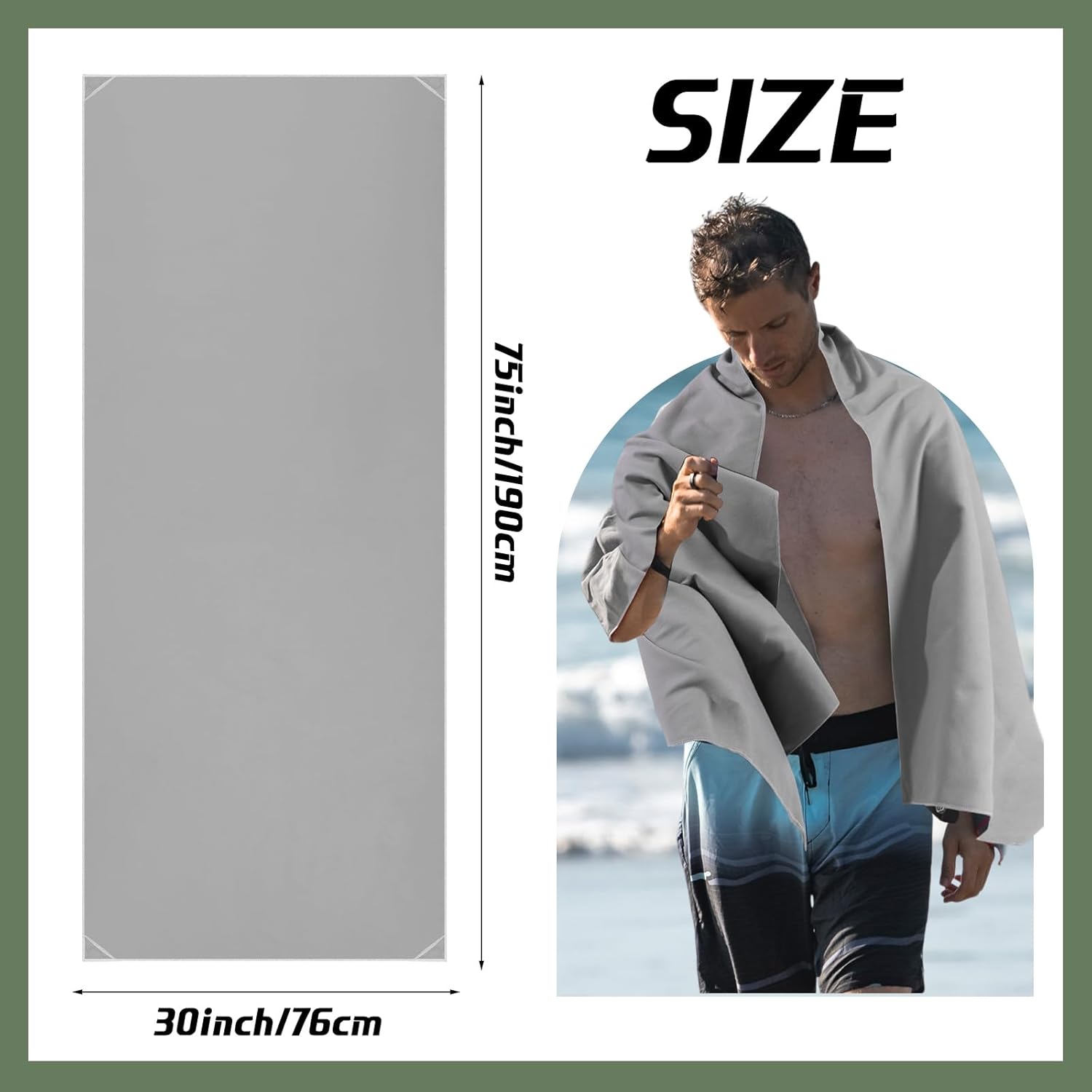 Tegeme 3 Pcs Outdoor Magnetic Beach Towel 30"x75" Microfiber Beach Bath Towel with Magnetic Corners for Swimming Pool Travel Gym Camping (Army Green,Taro Purple,Gray) - Image 6