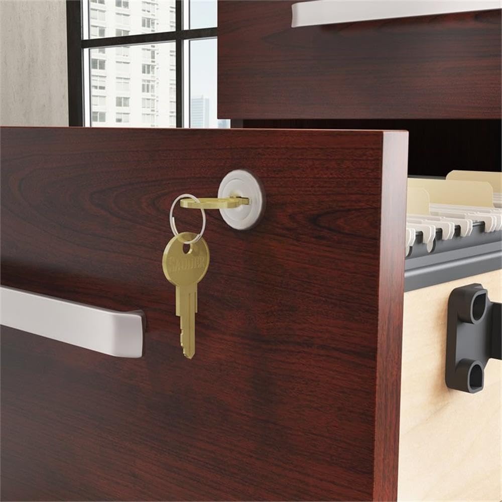 Pemberly Row Mobile Filing Cabinet, 3-Drawer Engineered Wood, Classic Cherry Finish, Locking Bottom Drawer, Hidden Casters, 28.42" H x 15.55" W x 19.44" D, Office Storage, Durable Safety Design