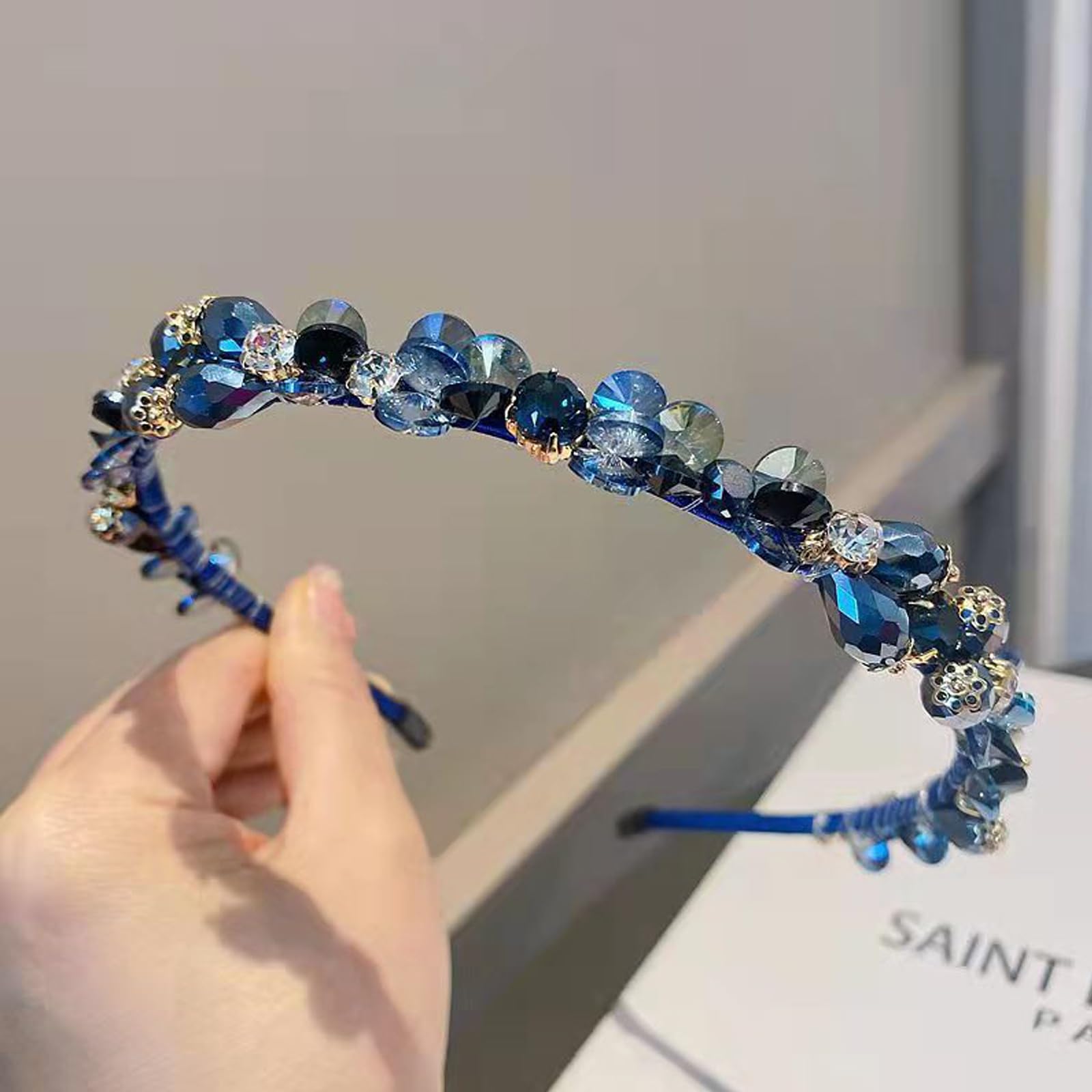 SSyang Bling Rhinestone Crystal Hair Band Navy Blue Gem Vintage Thin Hair Band Party Prom Hair Accessories for Women and Girls 15 x 12 cm (Blue) - Image 4