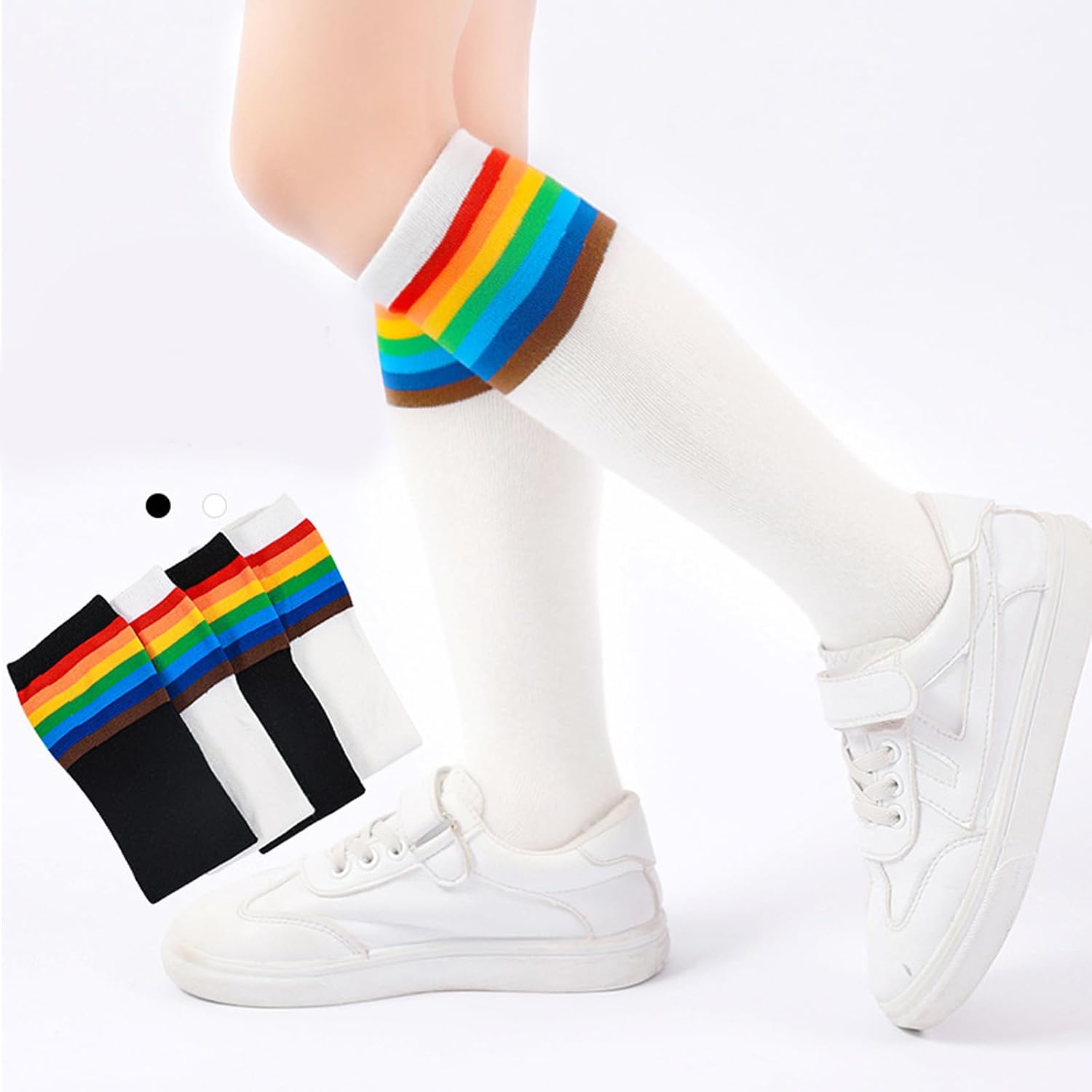 Girls Color Stripes Calf Socks Students Breathable Stockings Rainbow Campus Styles Stockings for Girl 3-10 Years