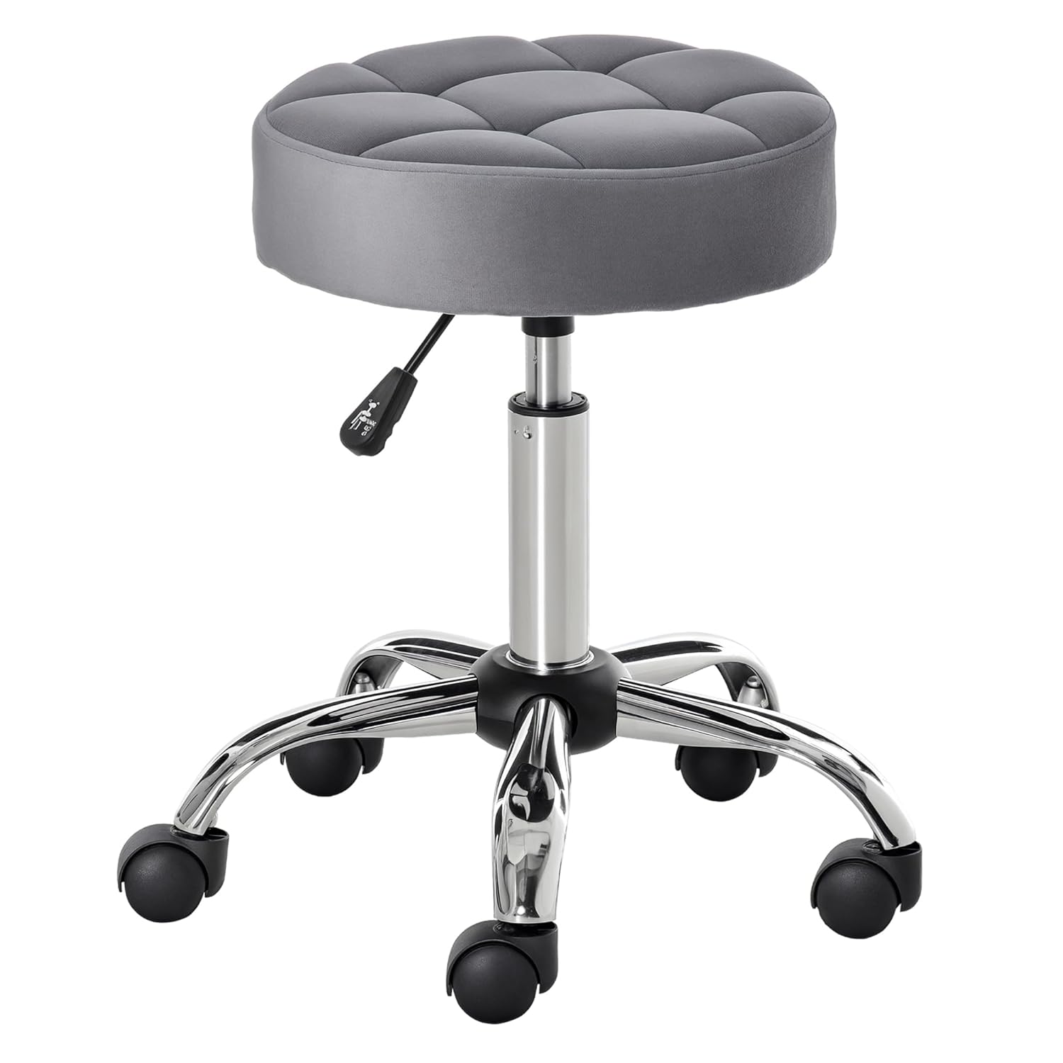 HOMCOM Round Rolling Stool with Height Adjustable Lift, Vanity Chair with Luxury Style Upholstery, Office Chair with Swivel Seat and Wheels for Work Spa Salon, Grey