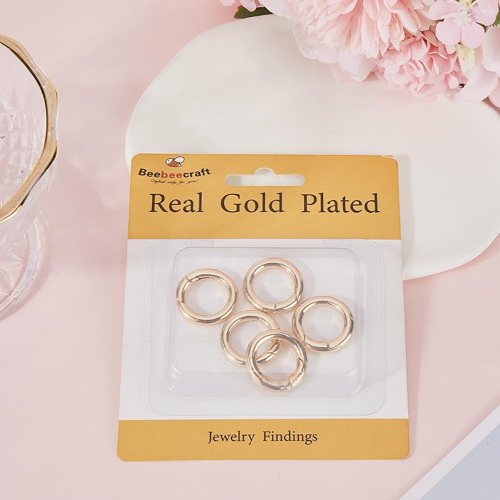 Beebeecraft 1 Box 5Pcs Spring Gate Rings 18K Gold Plated O Rings Clip Keychain 23mm Round Carabiner Clips Keyrings Snap Hook Buckle for Jewelry Making Keyring Buckle