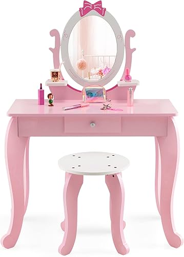 Miniatura 36 de HONEY JOY Vanity - Tocador de madera 3 en 1 de maquillaje de princesa con taburete, espejo de doble cara y pizarra blanca con 4 rotuladores, cajón,