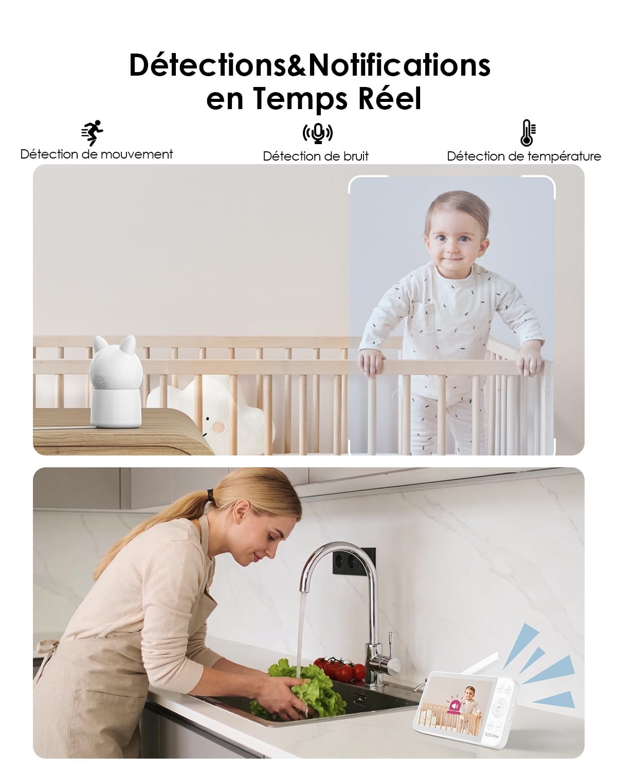 CZEview Babyphone Caméra 2.5K & Ultra Grand Moniteur HD 5,5", Qualité d'image au Top, 360°, APP, Veilleuse & Musique, Vision Nocturne, Caméra Bébé (Blanc (1 pièce)) | écran super clair, vision nocturne, audio bidirectionnel, berceuses, capteur temp., 360°