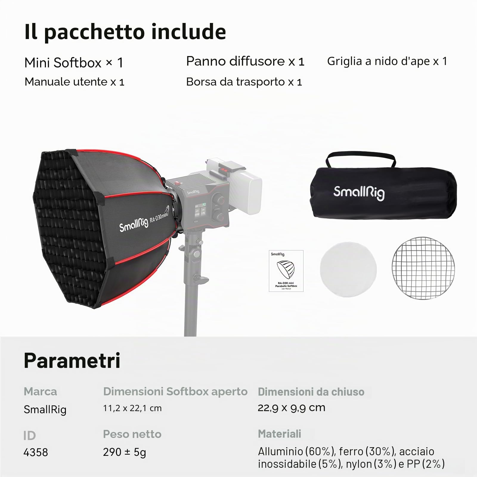 SMALLRIG RA-D30 Mini Softbox Parabolico con Sgancio Rapido, Softbox da 29 cm Compatibile con la Lampada Video LED COB SMALLRIG RC 60B 4376/4518-4358