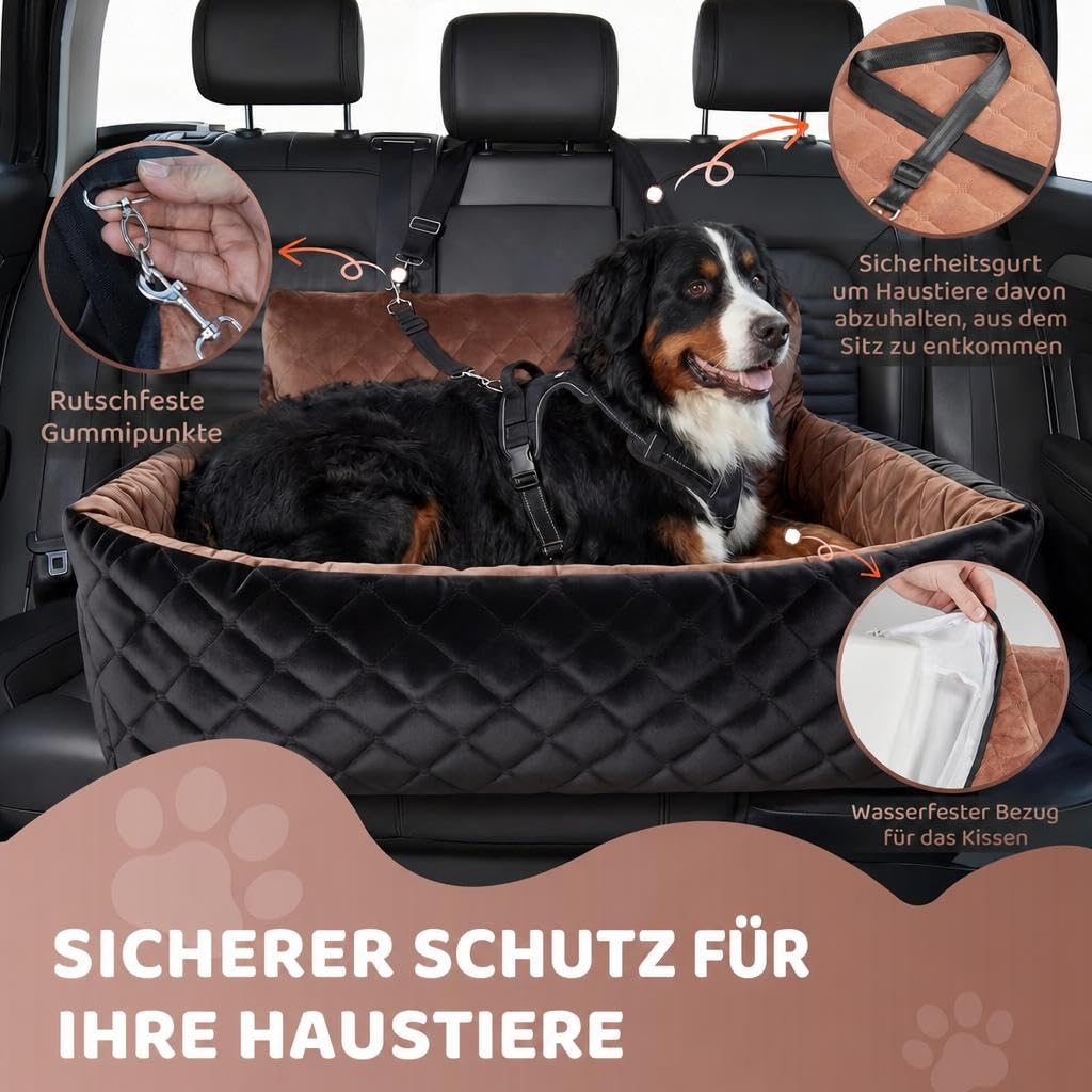 HAUSPROFI Hunde autositz für mittlerer/große Hunde, Schwarz+Braun | Hundesitz für Hunde unter 25Kg oder 2 kleine, Waschbarer hundesitz Auto mit Aufbewahrungstaschen, Ansteckbare Leine