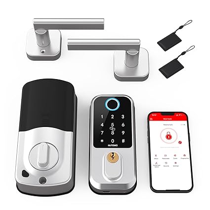 Smart Door Lock Set for Front Door, NUTOMO Keyless Fingerprint Entry Door Lock with Handle, Electronic Deadbolt Digital Keypad for Home Bedroom, Bluetooth APP Control Auto Lock IC Card Fob, Silver