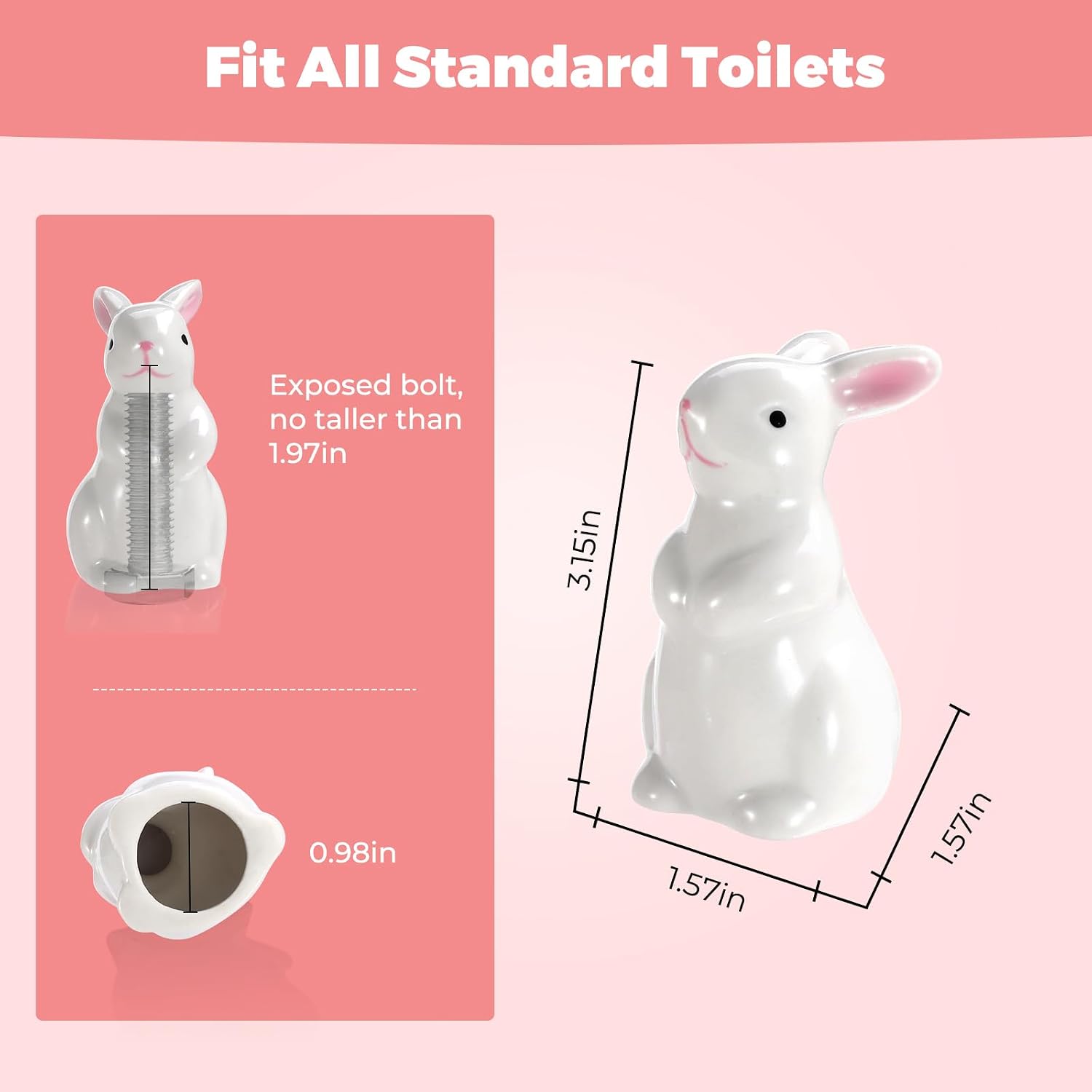 Decorative Bunny Ceramic Toilet Bolt Caps - Set of 2 Cute Rabbit Toilet Floor Bolt Covers, 1.97” Interior Depth & 0.98” Base, Universal Fit for 1/4” & 5/16” Bolts, Bathroom Decor Accessories, White