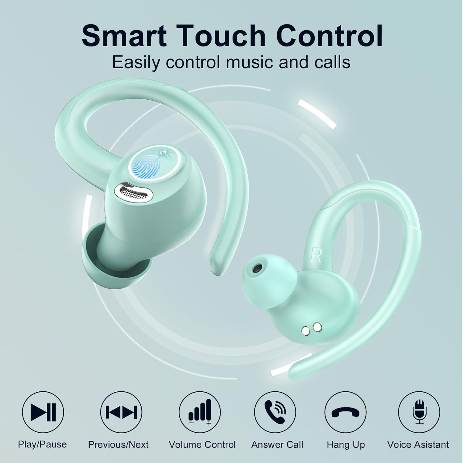 Wireless Earbuds Bluetooth 5.3 Headphones Sports, 48H Over Ear Buds with ENC Mic, Stereo Deep Bass Bluetooth Earbuds with Secure Earhooks, LED Display, IPX7 Waterproof Earphone for Running Misty Blue