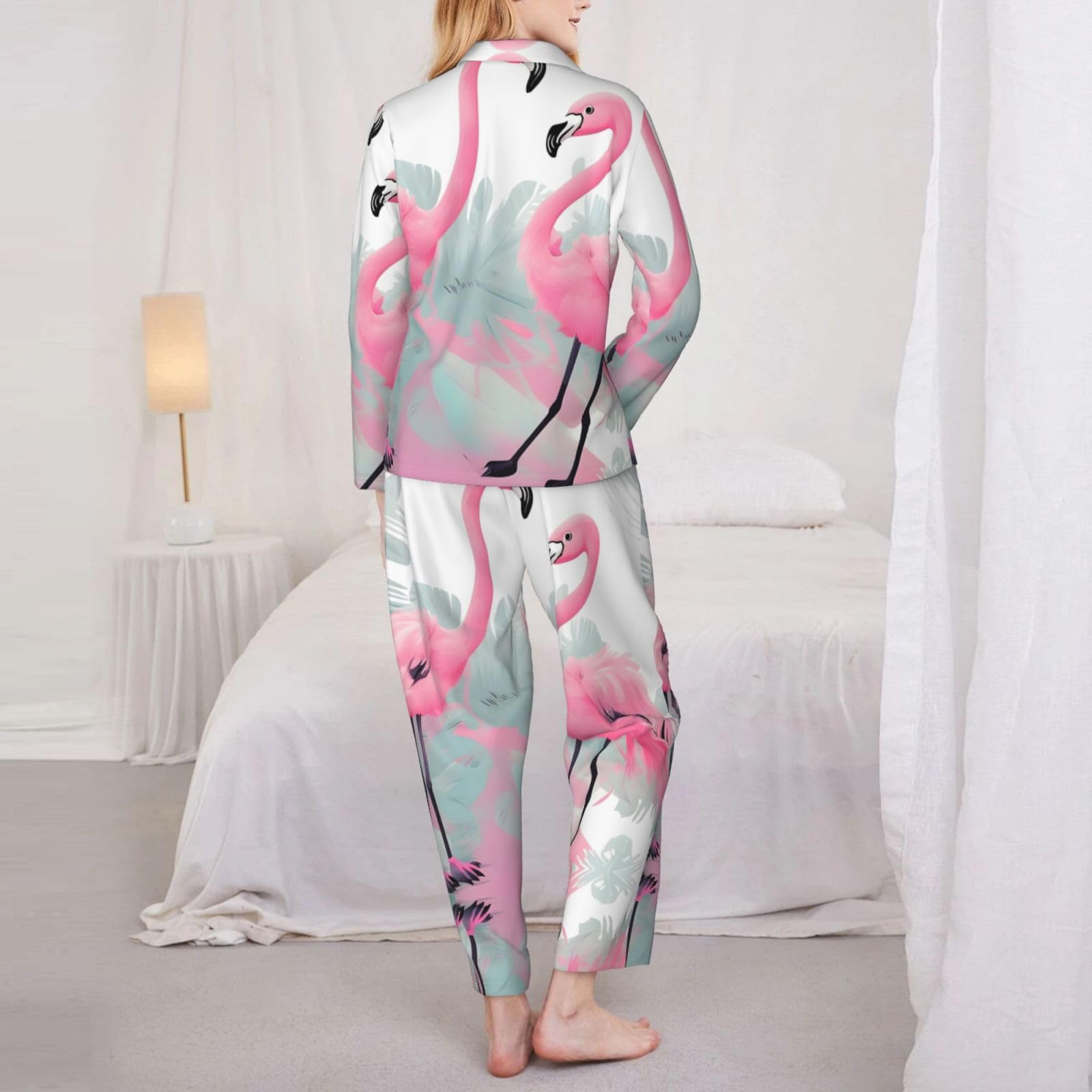 Pigiama da donna a maniche lunghe con stampa fenicotteri rosa - Morbido e caldo abbigliamento da casa autunno/inverno -