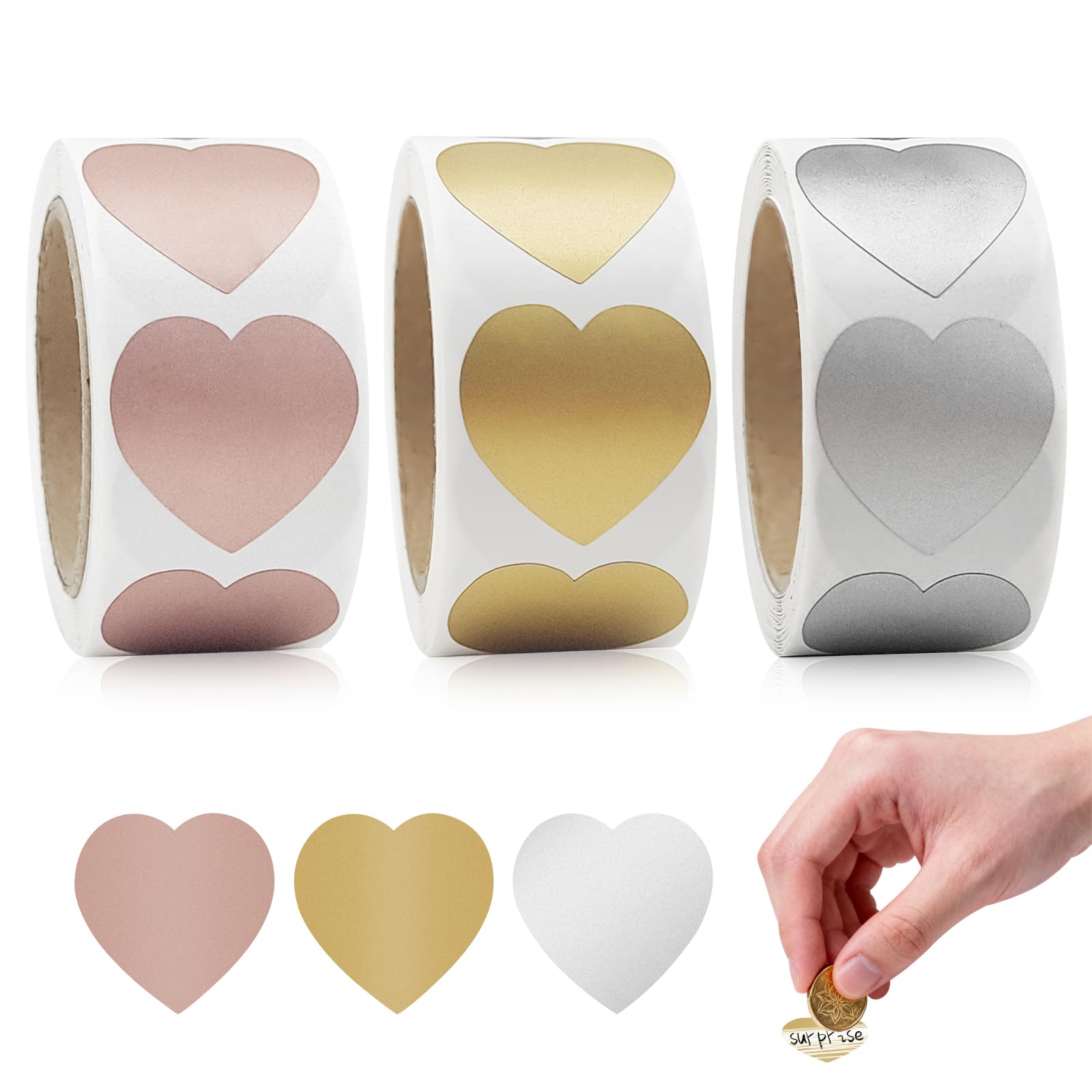 900 pcs Scratch Off Label Stickers, CNYMANY 1-inch Heart Self-Adhesive Peel and Stick DIY Labels for Games Party Gift Postcard Promotion - Gold, Silver, Pink