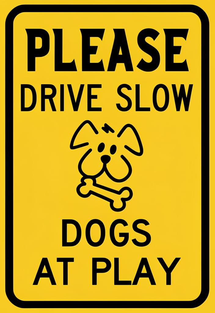 peiyeety Please Drive Slow Dogs at Play Tin Sign 12x8 Inch, Yellow & Black Metal Warning Plaque, Outdoor/Indoor Wall Decor for Yard, Driveway, Gate, Porch, Pet Lover Gift