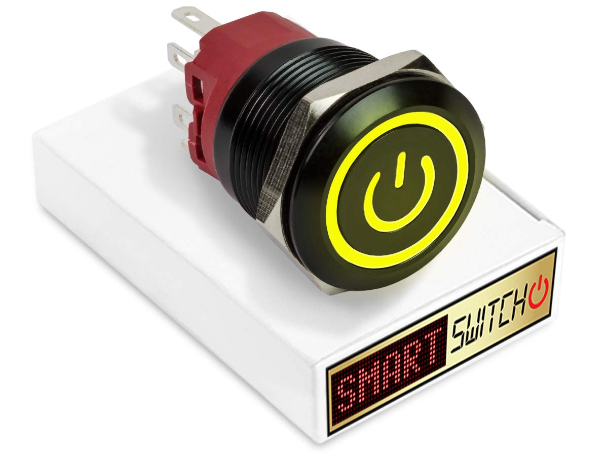 SmartSwitch 25mm Angel Eye Power Black Aluminium Latching DPDT 2NO2NC Push Button Yellow LED Metal Switch AE25