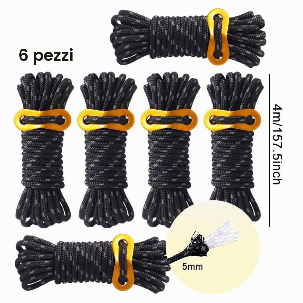 6 Pezzi Corda Tenda Riflettente Corda Tenda Campeggio 4m x 5mm Corda Tiranti Tende Corda Tenda Nera con Tenditore Regolabile per Tenda da Campeggio all'aperto