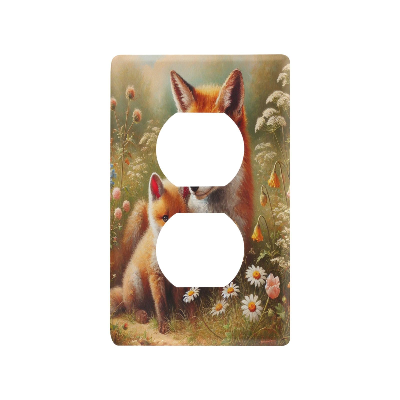 Fox Flowers Watercolor Light Switch Cover Decorative Receptacle Outlet Wall Plate Guard Plastic Wall Outlet Cover for Home Decor Room Office Bathroom (Duplex Outlets Cover)