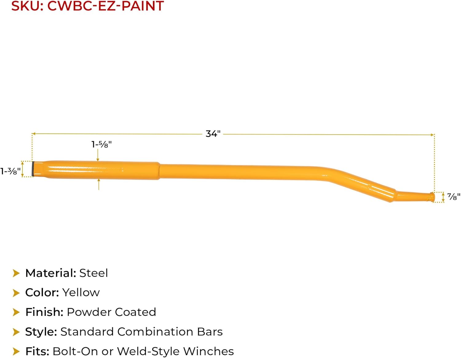 Mytee Products 34" Combination Winch Bar for Flatbed Trailer - Yellow Coated Steel Flatbed Winch Bar with Non-Slip Handle & Slip Resistant Tip for Secure Operation
