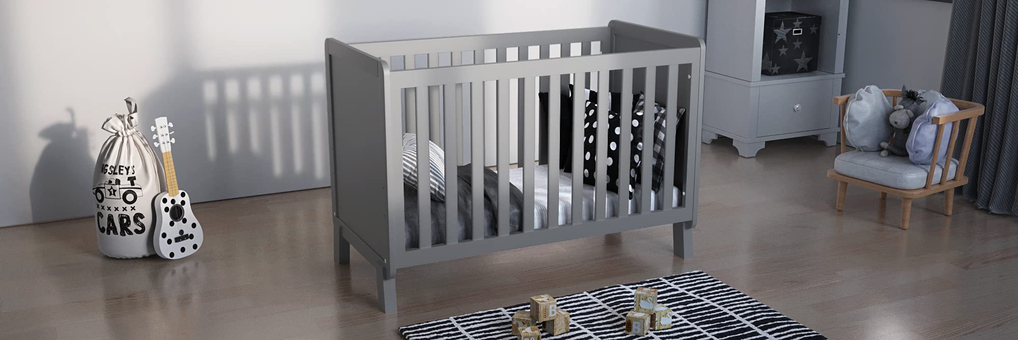 Love For Sleep Lettino Neonato Culla Neonato 120x60 cm in Legno di Pino Grigio con Barriera di Sicurezza – Lettino Trasformabile per Bambino 0-3 Anni