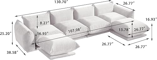 Miniatura 2 de TIFLON Sofá modular seccional, juego de sofá de felpilla en forma de U de 130.7 pulgadas para 6, color beige