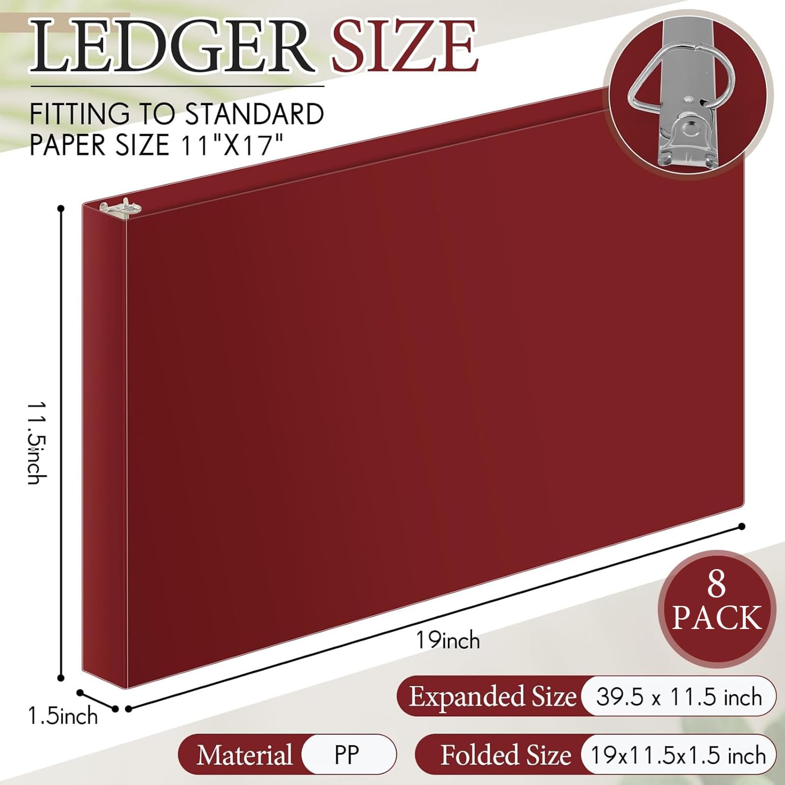 8 raccoglitori ad anelli da 2,5 cm a 3 anelli, resistenti, contengono carta da 28 x 43,2 cm, per progetti artistici, ufficio, casa, luoghi di lavoro (rosso scuro)