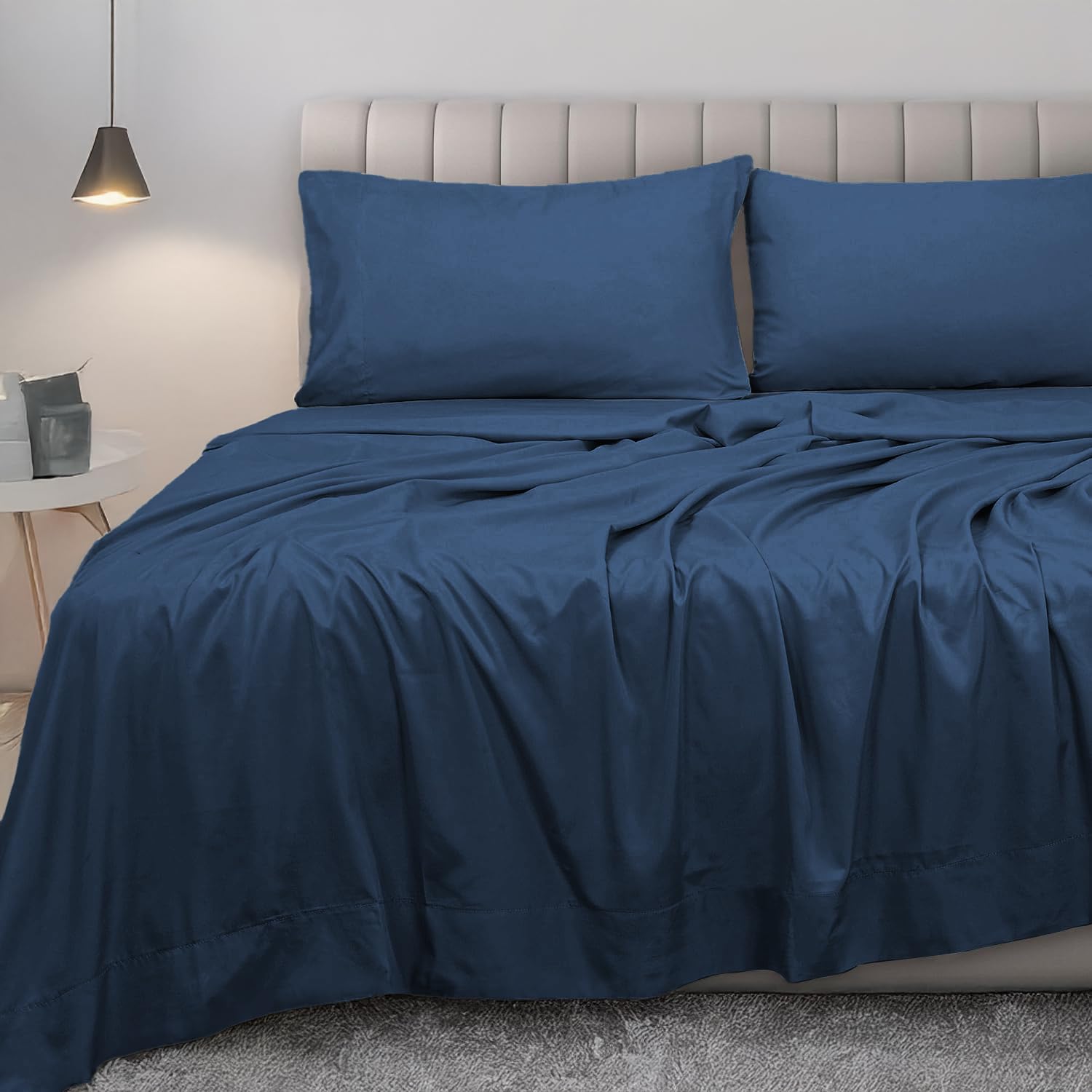 LINENWALAS 100% Cotton Percale Bedsheet with Pillow Cover | Soft, Cool & Crisp Hotel Quality Flat Sheet | Single Bed Size - 300 TC (60x90 Inches, Navy Blue)
