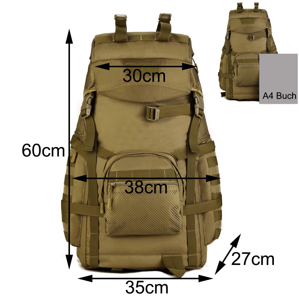 Plecak trekkingowy, plecak taktyczny, 55 l, wodoodporny, z systemem Molle, stelażem wewnętrznym, dla kobiet i mężczyzn, na wędrówki, trekking, podróż, do aktywności na świeżym powietrzu