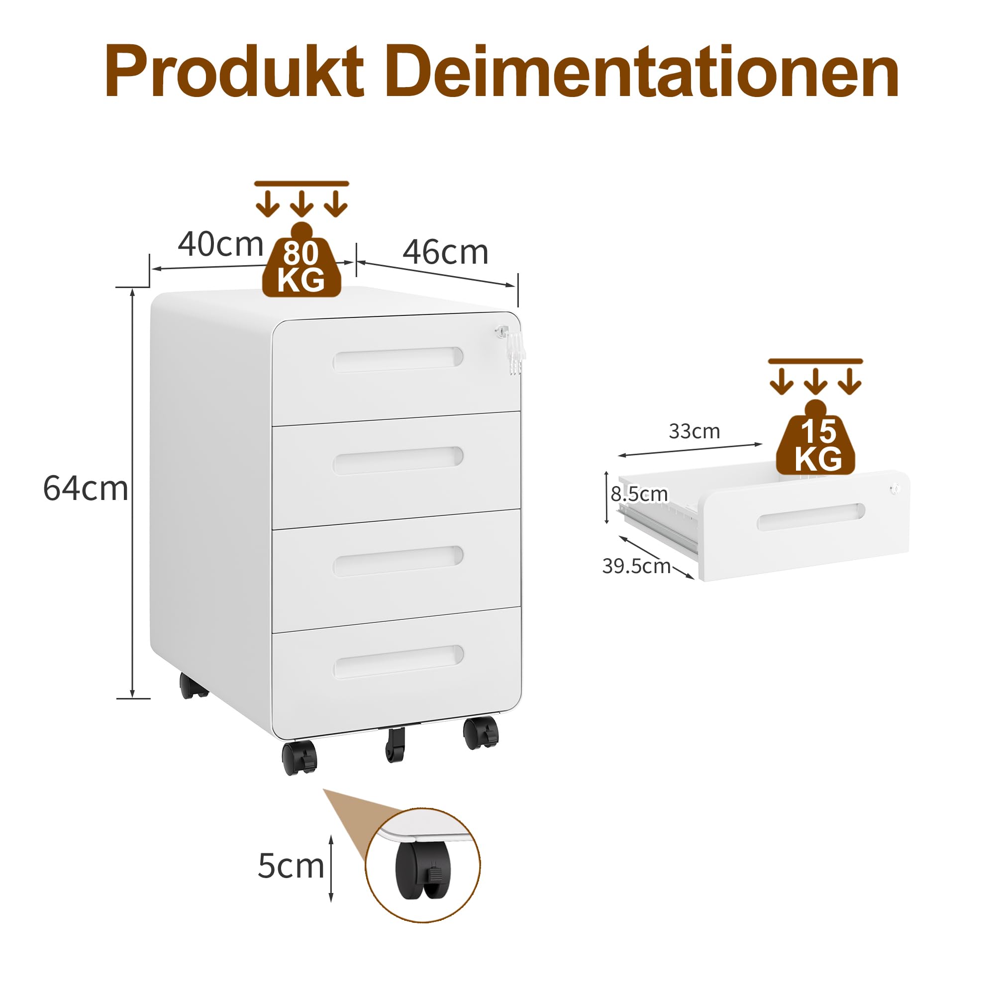 Rollcontainer, Mobiler Aktenschrank mit Schloss, Abgerundeten Ecken, 4 Schlüssel, 4 Schubladen, Büroschrank aus Metall, Bereits Vormontiert, für Büro, Heimbüro, 46T x 40B x 64H cm, Weiß