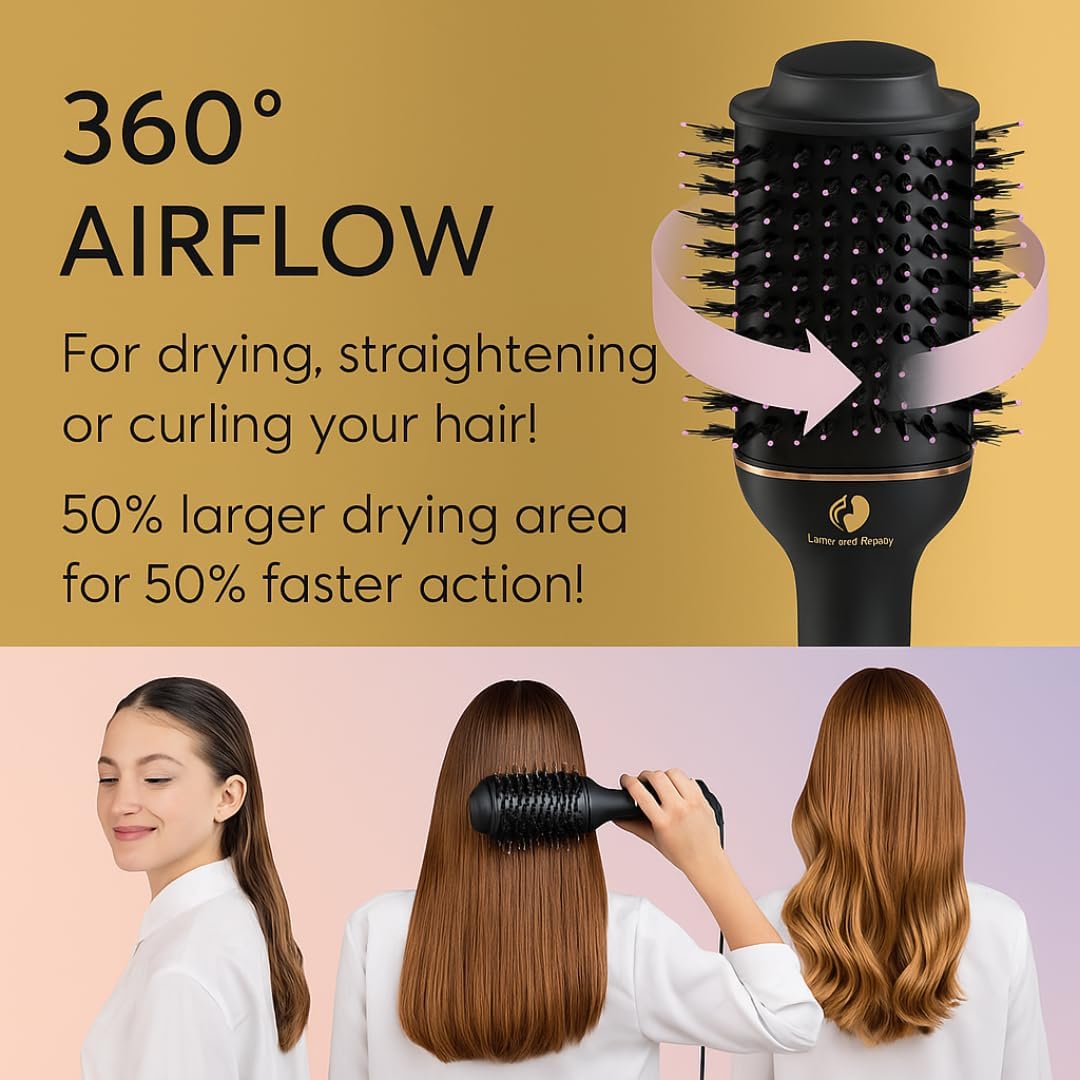 LHB 500 Professional Hot Air Brush, Round Styling Brush Hair Dryer, 2-in-1 Blowout Brush with Rose Gold Accents, Black