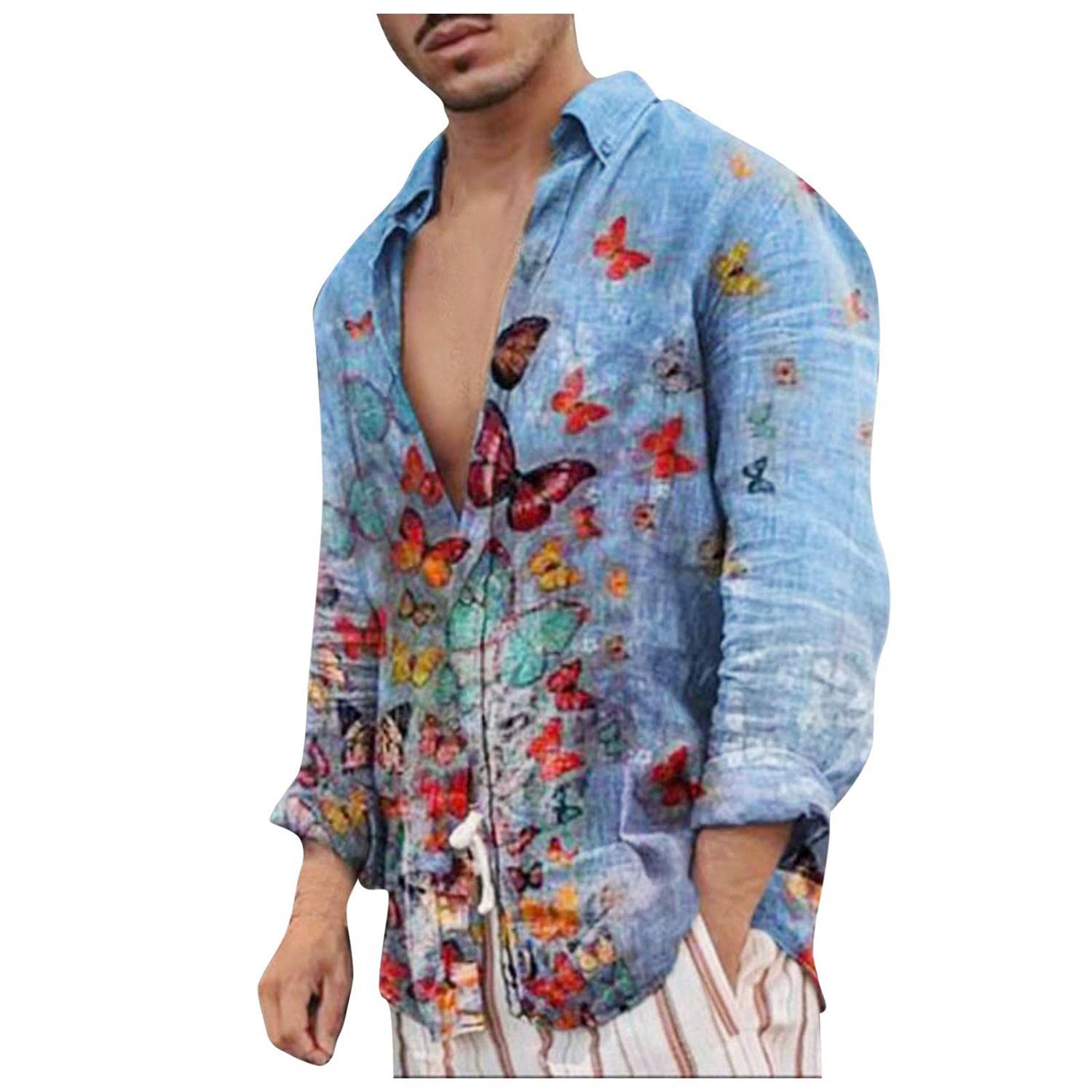 JSPOYOU Mens Floral Prined Hawaiian Shirt Long Sleeve V Neck Button Down Cotton Linen Blouse Tops Casual Loose Beach Shirts