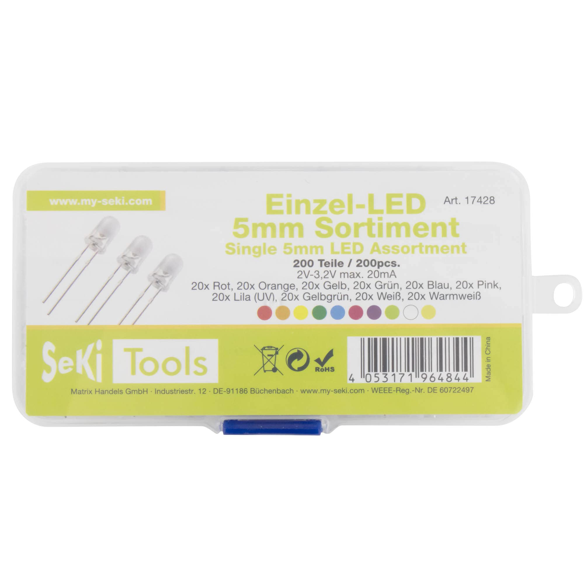 SeKi Assortimento LED con 200 diodi luminosi da 5 mm, 10 valori, rosso, arancione, giallo, verde, blu, rosa, viola (UV), giallo, verde, bianco, bianco caldo, super luminoso