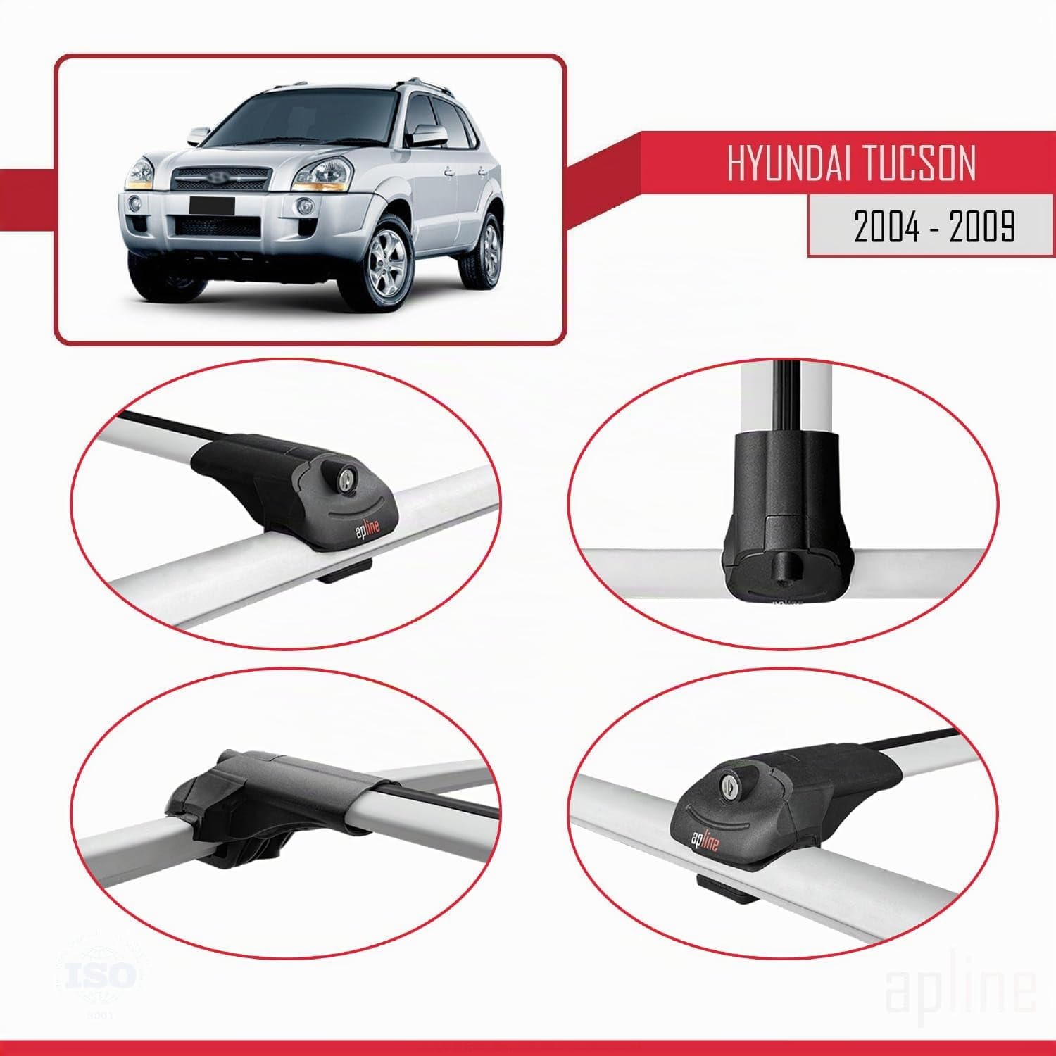 Compatible con Hyundai Tucson (JM) 2004-2009 Modelo Ace-1 Barra de Techo Auto Portaequipajes Barras Transversales Gris Aluminio 2 Barras