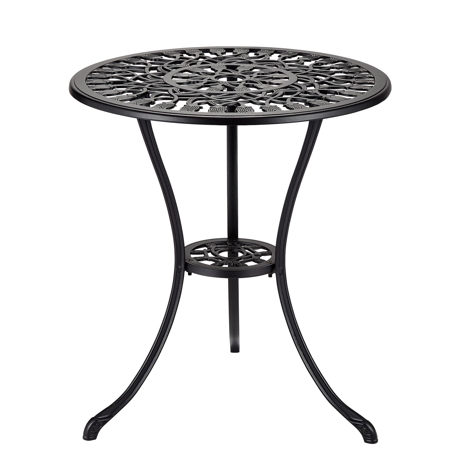 Litake Gartentisch mit Schirmloch und unterer Ablage, runder Balkontisch aus Aluminiumguss, wetterfester Terrassentisch für Garten, Balkon,Bronze,Schwarz 60 x 60 x 68 cm